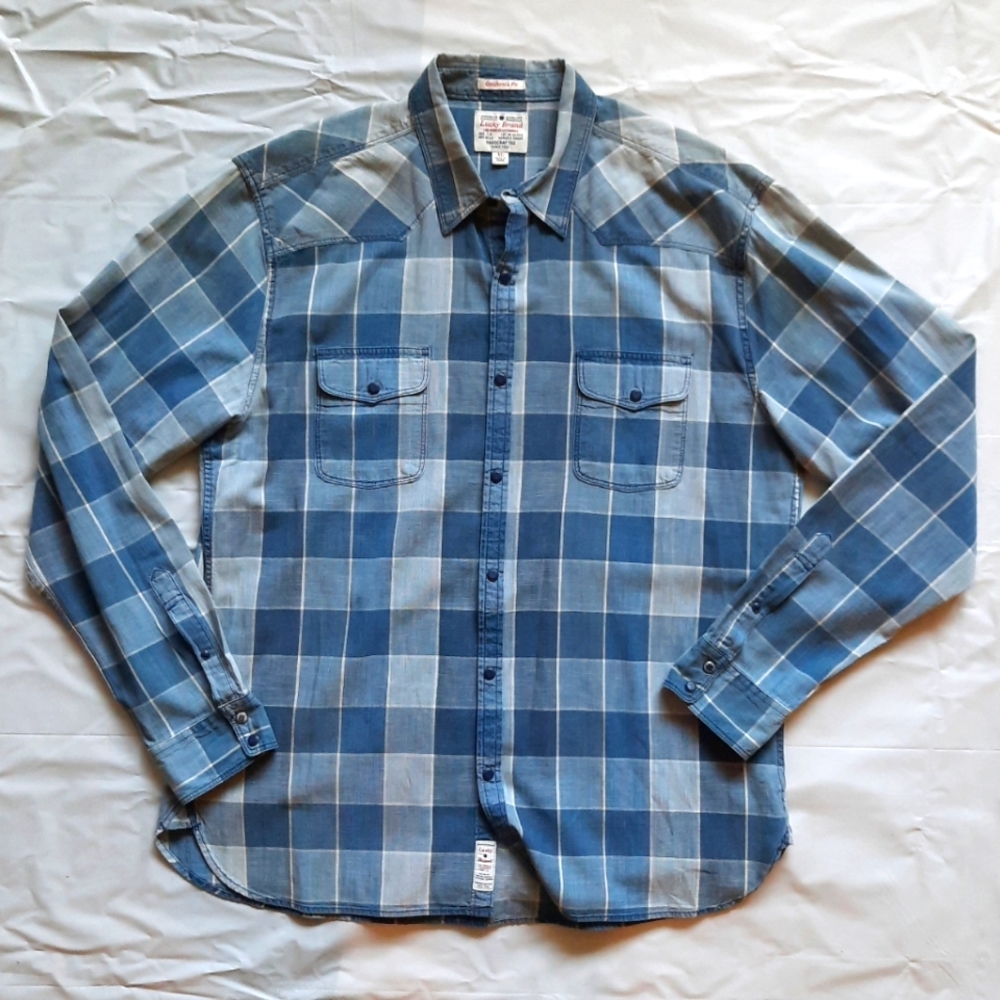 Lucky Brand Handcrafted Western Snap Button Blue Plaid LS Shirt Men's Size: XL
